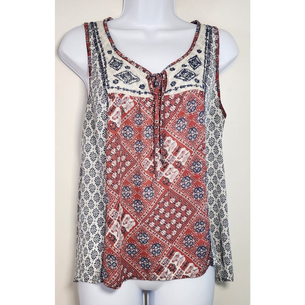 Jolt Boho Patchwork Tank Top Sleeveless Tie Neck‎ Red Blue L